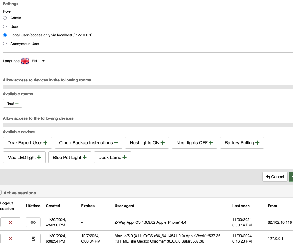 The local user should have devices  and rooms available NB  also evidence of remote login