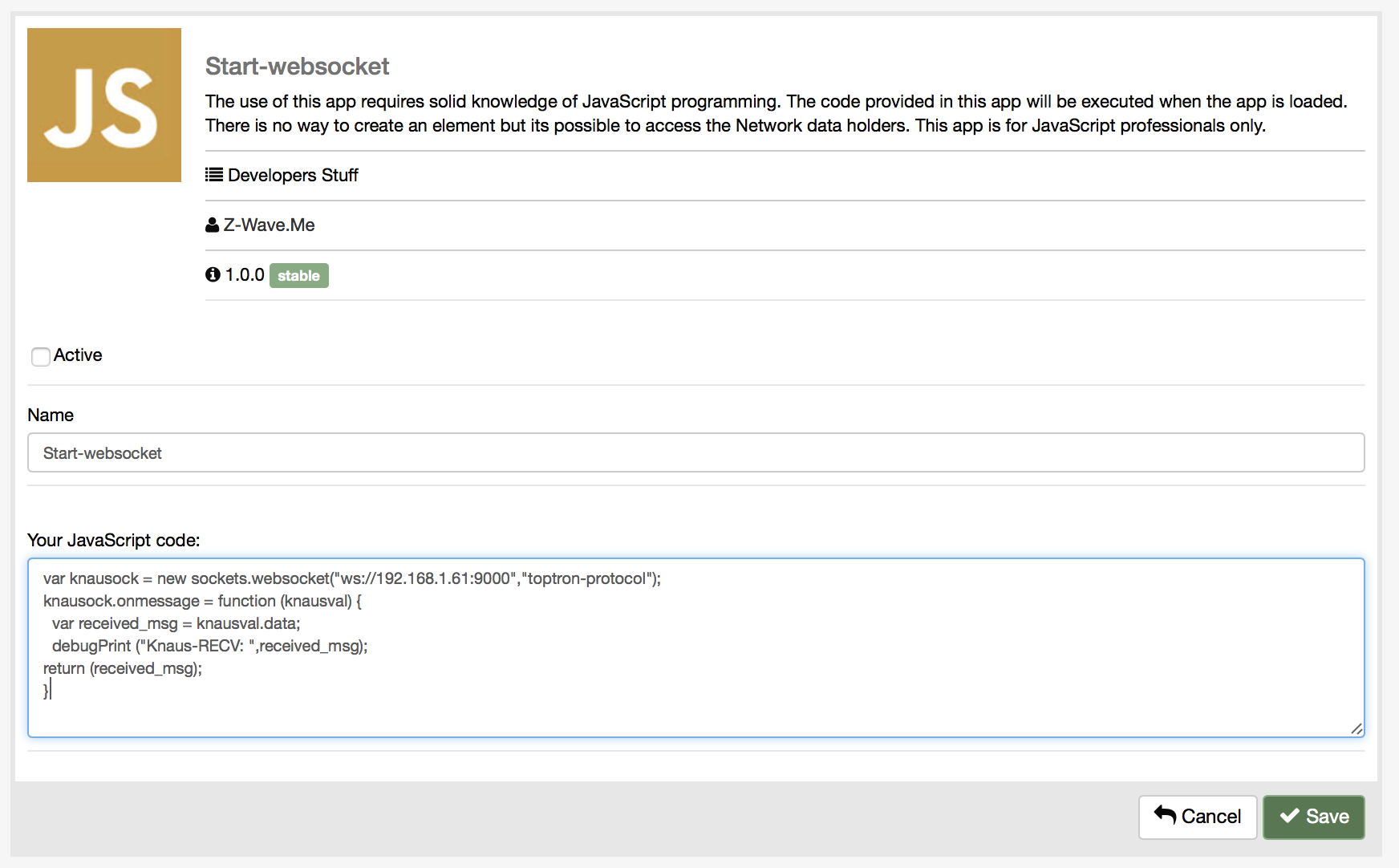 test websocket zwave app